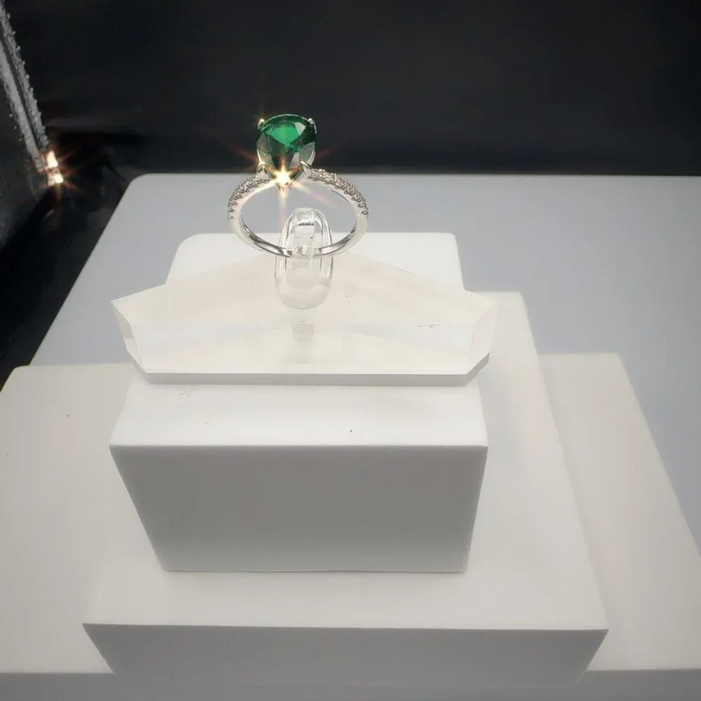 Sterling Silver Ring With Pear-Cut Green Gemstone & Pave Accent Stones